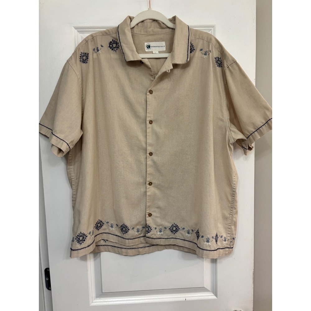 Aeropostale Mens XL Tan Embroidered Cotton Linen Short Sleeve Button Down Shirt